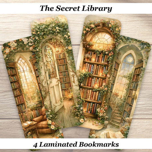 The Secret Library Bookmarks. Set of 4 laminated Enchanting Bookmarks. Book Lover Gift.