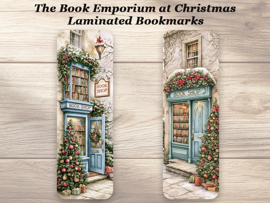 The Book Emporium At Christmas Bookmark Set. Set of 4 Laminated Winter Holiday Bookmarks
