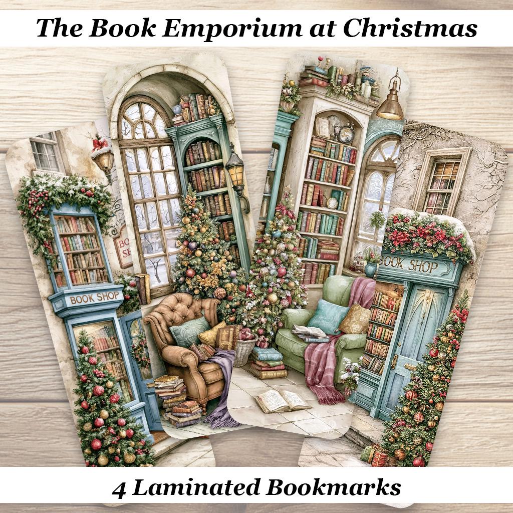 The Book Emporium At Christmas Bookmark Set. Set of 4 Laminated Winter Holiday Bookmarks