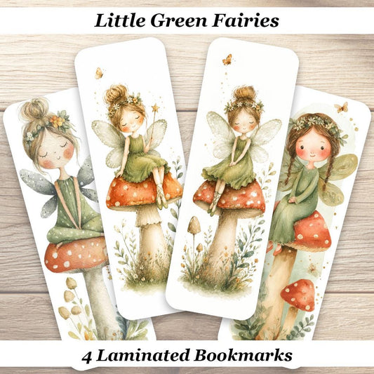 Little Green Fairies Bookmarks. Set of 4 Laminated Whimsical Fairy Bookmarks.