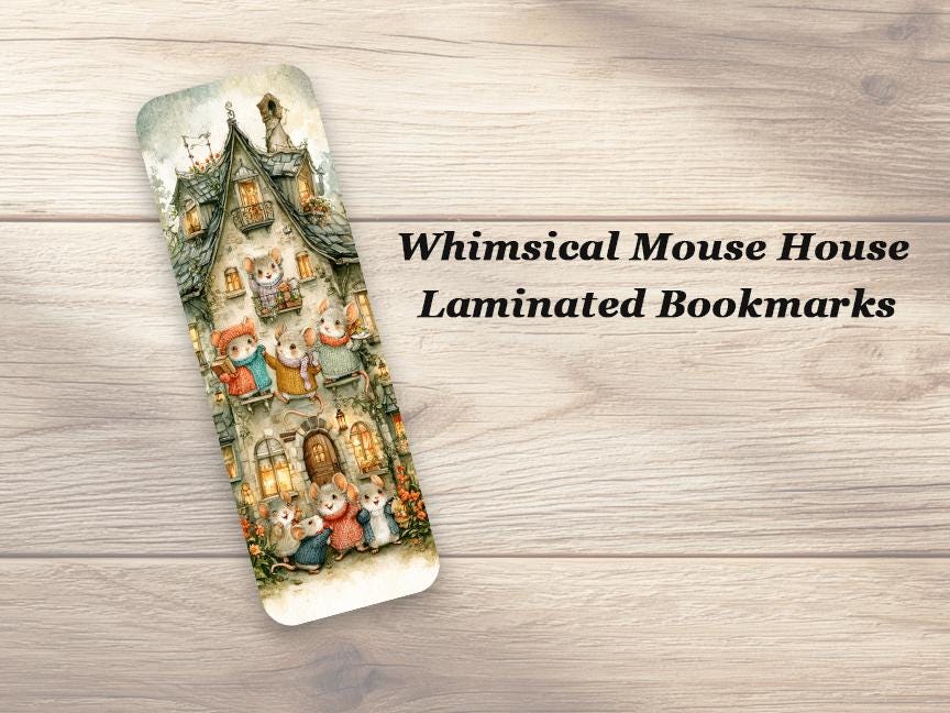 Whimsical Mouse House Bookmarks. Set of 4 Laminated Cute Mice Bookmarks. Book Lover Gift.