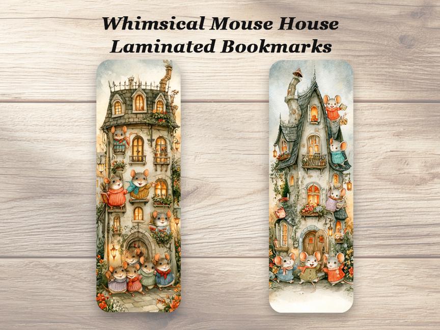 Whimsical Mouse House Bookmarks. Set of 4 Laminated Cute Mice Bookmarks. Book Lover Gift.