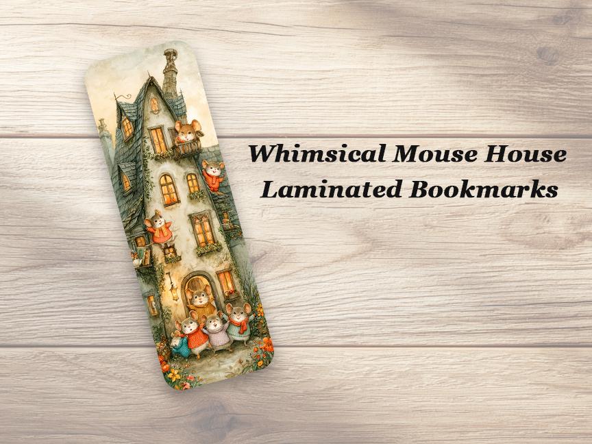 Whimsical Mouse House Bookmarks. Set of 4 Laminated Cute Mice Bookmarks. Book Lover Gift.