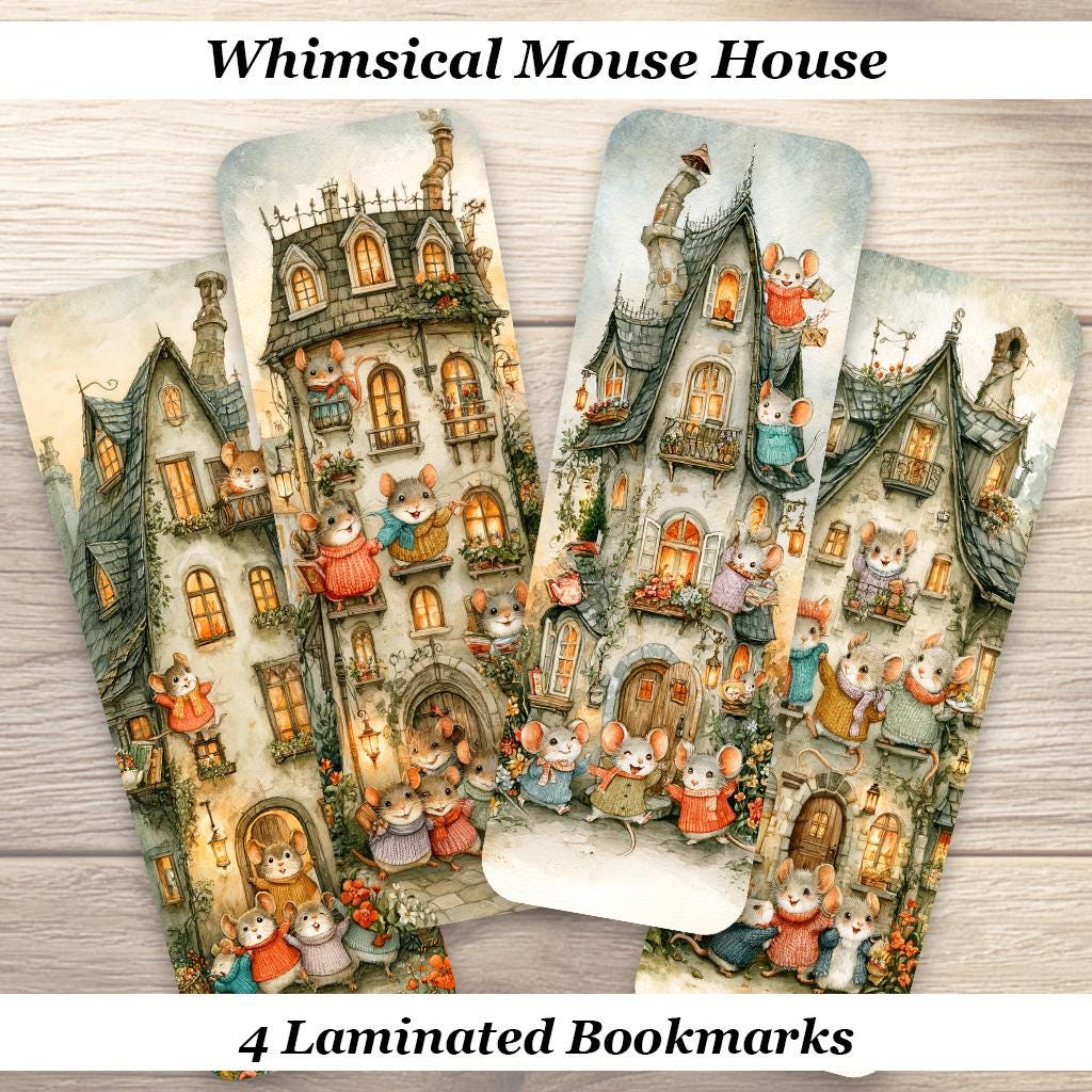 Whimsical Mouse House Bookmarks. Set of 4 Laminated Cute Mice Bookmarks. Book Lover Gift.