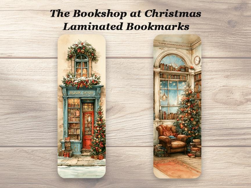 The Bookshop at Christmas Bookmarks. Set of 4 Laminated Winter Bookmarks. Book Lover Gift.