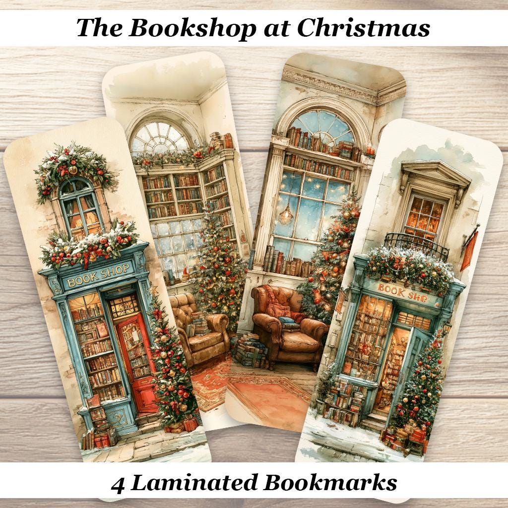 The Bookshop at Christmas Bookmarks. Set of 4 Laminated Winter Bookmarks. Book Lover Gift.