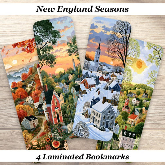 New England Seasons Bookmarks. Set of 4 Laminated Village Bookmarks. Cottagecore Book Lover Gift