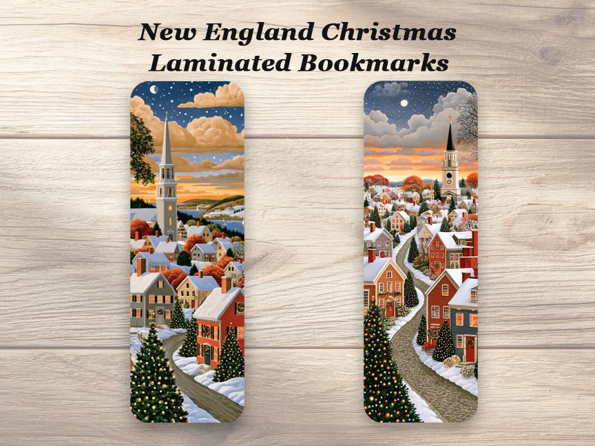 New England Christmas Bookmark. Set of 4 Laminated Winter Village Bookmarks. Book Lover Gift