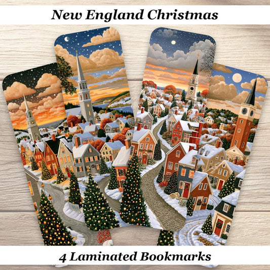 New England Christmas Bookmark. Set of 4 Laminated Winter Village Bookmarks. Book Lover Gift