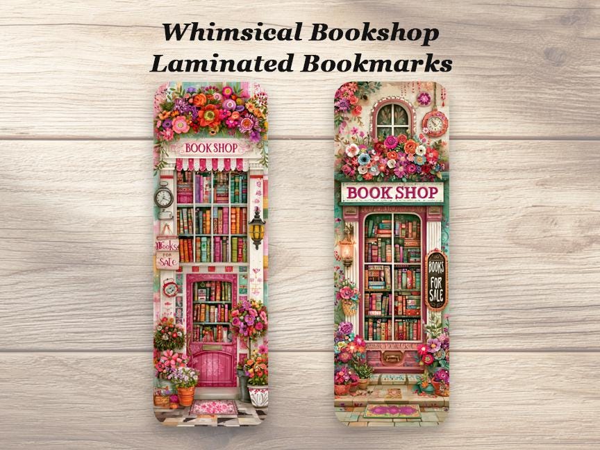 Whimsical Bookshop Bookmarks. Set of 4 Laminated Bookstore Bookmarks. Book Lover Gift.