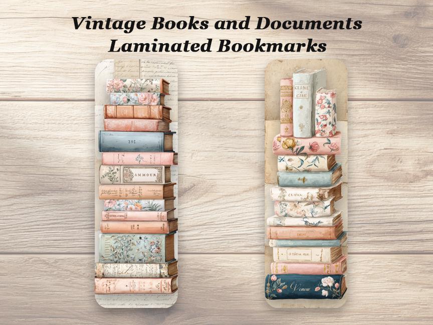 Vintage Books & Documents Bookmarks. Set of 4 Laminated Antique Book Lover Bookmarks.