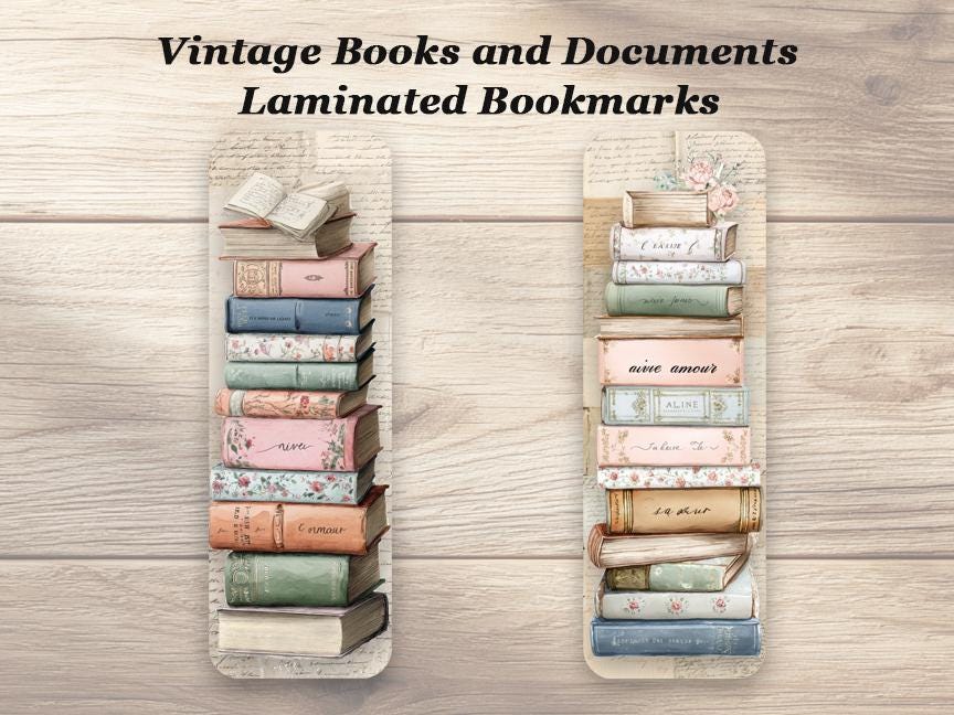 Vintage Books & Documents Bookmarks. Set of 4 Laminated Antique Book Lover Bookmarks.