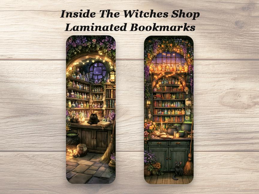Inside the Witches Shop Bookmarks. Set of 4 Laminated Whimsical Witchy Bookmarks. Book Lover Gift