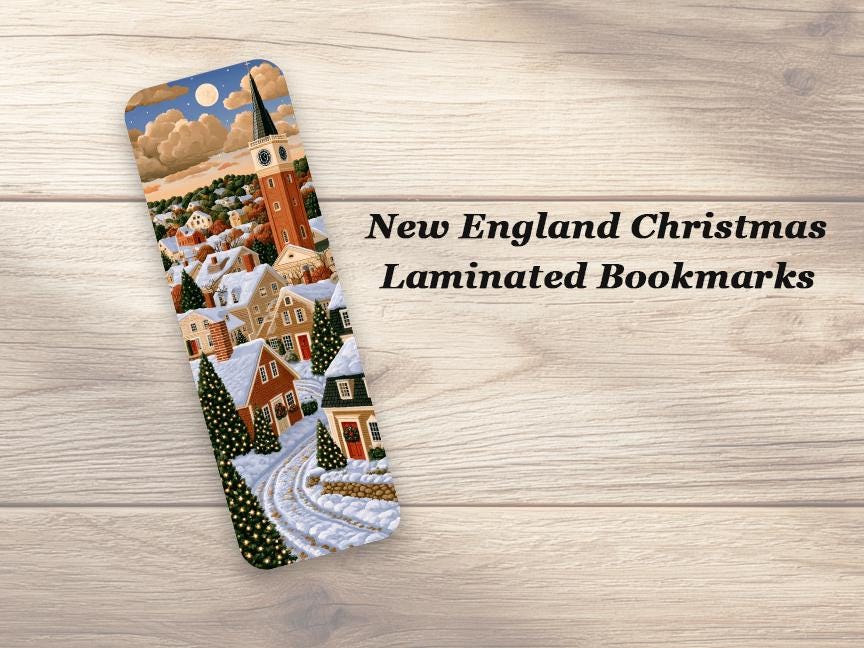 New England Christmas Bookmark. Set of 4 Laminated Winter Village Bookmarks. Book Lover Gift
