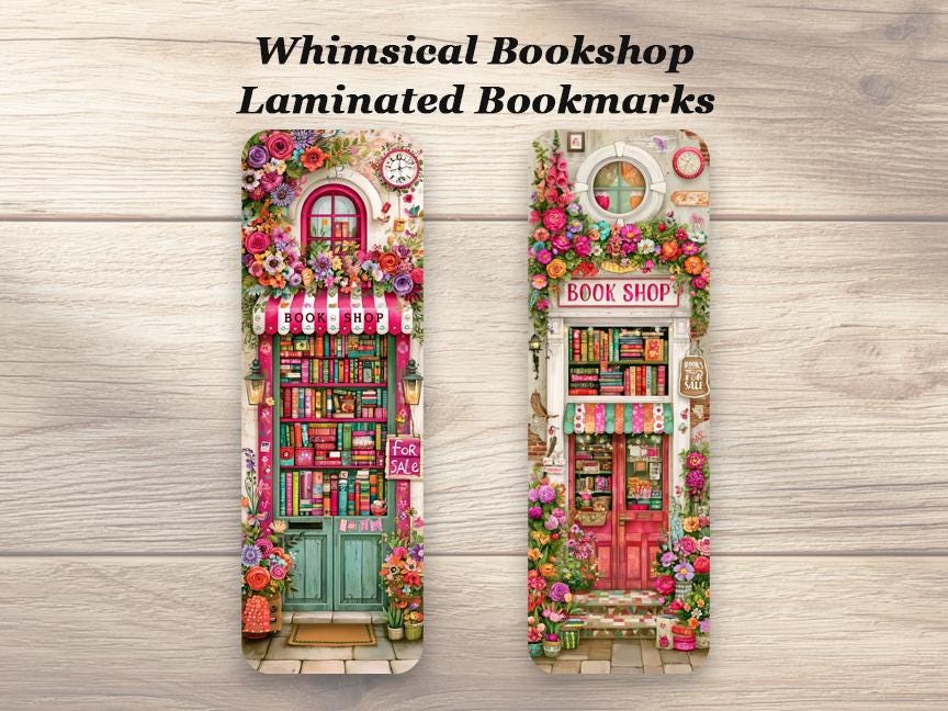 Whimsical Bookshop Bookmarks. Set of 4 Laminated Bookstore Bookmarks. Book Lover Gift.