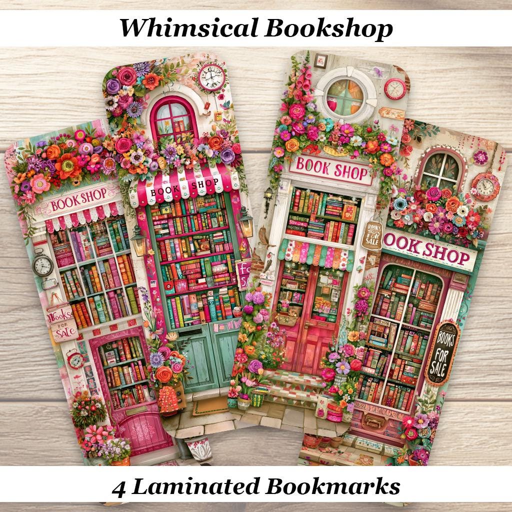 Whimsical Bookshop Bookmarks. Set of 4 Laminated Bookstore Bookmarks. Book Lover Gift.