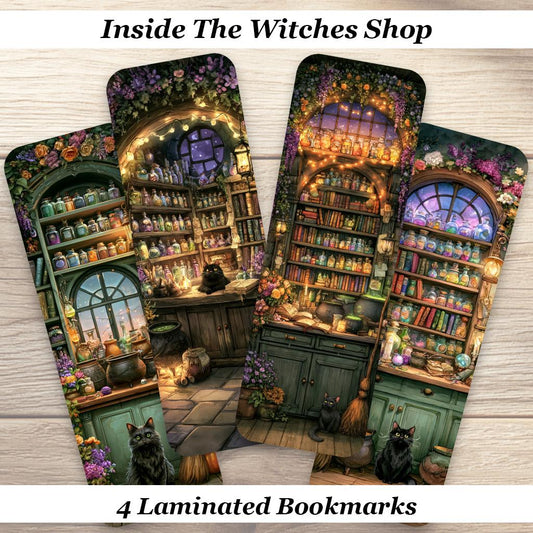 Inside the Witches Shop Bookmarks. Set of 4 Laminated Whimsical Witchy Bookmarks. Book Lover Gift