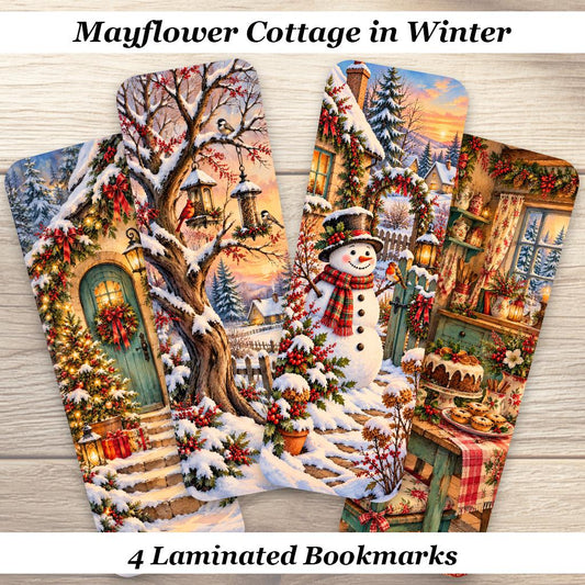 Mayflower Cottage in Winter Bookmarks, Set of 4 Laminated Christmas Bookmarks. Christmas Gift for Book Lovers