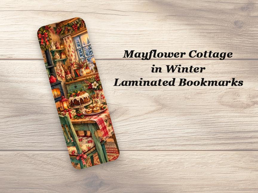 Mayflower Cottage in Winter Bookmarks, Set of 4 Laminated Christmas Bookmarks. Christmas Gift for Book Lovers