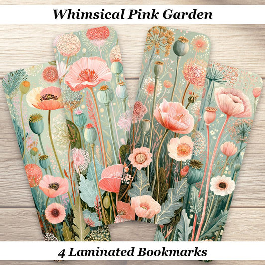 Whimsical Pink Garden Set of 4 Laminated Bookmarks, ideal gift for book lovers.