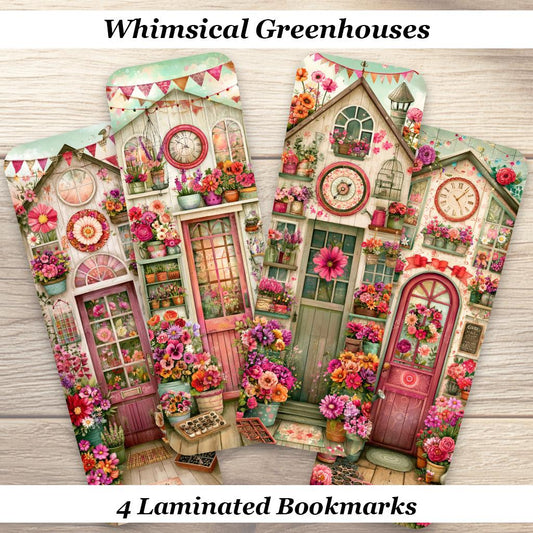 Whimsical Greenhouse Bookmarks Set of 4 Cottagecore Laminated Bookmarks. Botanical Book Lover Gift