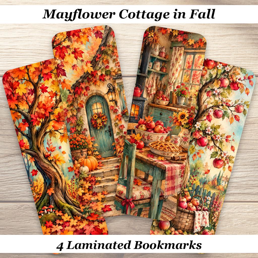 Mayflower Cottage in Fall Bookmarks. Set of 4 Autumn Laminated Bookmarks. Gift for Book Lovers