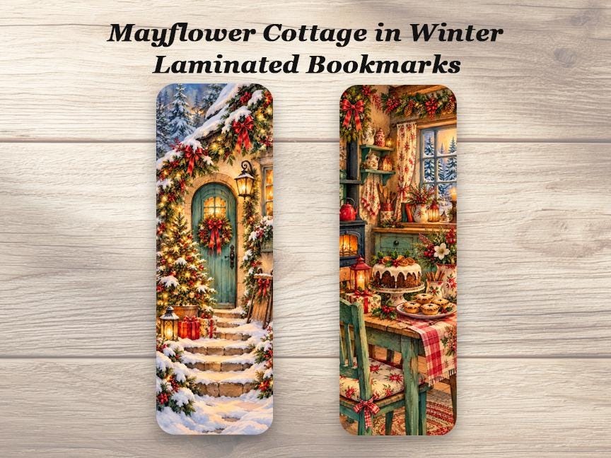 Mayflower Cottage in Winter Bookmarks, Set of 4 Laminated Christmas Bookmarks. Christmas Gift for Book Lovers